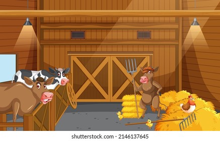 Stable scene with cows and chicken inside illustration