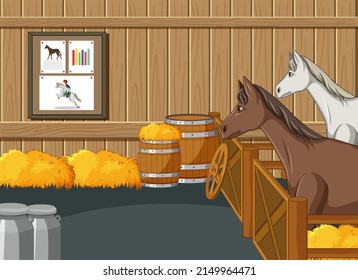 Stable scene with horses and hay illustration