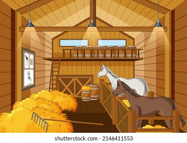 Stable scene with two horses resting illustration