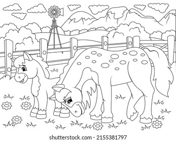 Stable, two horses graze in the agricultural yard, farm. Vector, page for printable children coloring book.