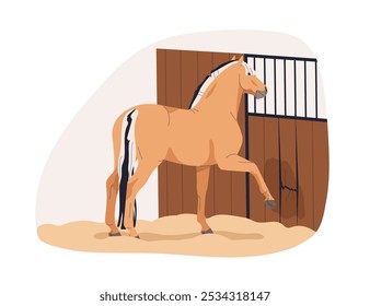 Vícios estáveis, chutes de cavalo e porta de barraca danificada com perna, casco. Comportamento desobediente ruim. Problema de equídeo travesso travesso, quebrando celeiro. Ilustração de vetor plano isolada no plano de fundo branco