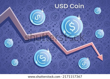 Stablecoin crash crisis. Cryptocurrency coin symbol and down arrow. Vector illustration.