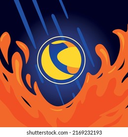 Stablecoin crash crisis. Cryptocurrency trading crisis and crash. LUNA cryptocurrency coin in a downtrend on dark blue background. Vector illustration. Terra LUNA token symbol in fire