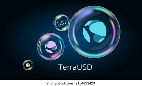 Símbolo de símbolo del Departamento del Tesoro estadounidense Stablecoin TerraUSD en burbuja de jabón. El precio de la criptodivisa cae, la crisis comercial y se desploma. La pirámide financiera estallará pronto y se destruirá. Ilustración vectorial.