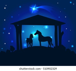 Stables with horses on Christmas Eve with a starry sky behind them - mood illustration vector