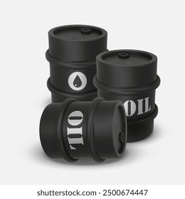 Stack of 3 black metal drum. 3D rendering. Vector illustration isolated on white. Barrel of oil. Dangerous chemical liquids, flammable gases, toxins, oils, radiation waste. Oil Industry, Petrol Sign