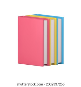 Stack of 3d color books. Educational literature with pink cover. Scientific hardcover yellow volume. Blue dictionary with technical terms. Preparation for new academic year. Vector isolated icon
