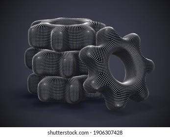 Stack of 3D silver gears on gray background. Abstract vector illustration of digital futuristic cogwheels made of gray dots. Concept of business partnership, teamwork or successful business solution