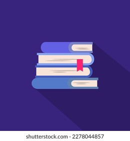 Stack of 4 blue books, one of them has a red bookmark. Flat design. Vector illustration.