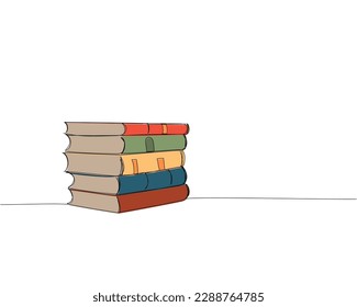 Stack of 5 antique books one line colored art. Continuous line color drawing of book, library, education, school, study, literature, paper, textbook, knowledge, read, learn, page, reading.