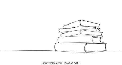 Stack of 5 books one line art. Continuous line drawing of book, library, education, school, study, literature, paper, textbook, knowledge, read, learn, page, reading.