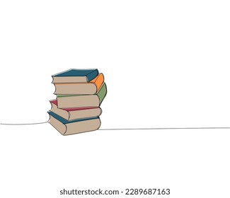 Stack of 5 books, textbooks, encyclopedias one line colored art. Continuous line color drawing of book, library, education, school, study, paper, textbook, knowledge, read, learn, page, reading.