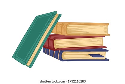 Stack of ancient academic books isolated on white background. Pile of old textbooks, encyclopedias and dictionaries for reading. Colored hand-drawn vector illustration in vintage style