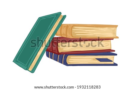 Stack of ancient academic books isolated on white background. Pile of old textbooks, encyclopedias and dictionaries for reading. Colored hand-drawn vector illustration in vintage style