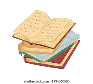 Stack of ancient books in leather hardback. Pile of old academic textbooks. Antique historical literature. Hand-drawn colored vector illustration isolated on white background