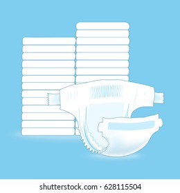 Stack Of Baby Diapers And The Open Diaper In Front. Absorbent Diaper. Realistic Vector Illustration For Kids Production