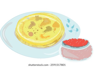 a stack of baked pancakes and a jar of red caviar