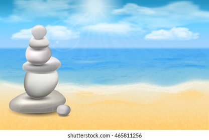 Stack of balanced stones on sea beach. Vector nature landscape.