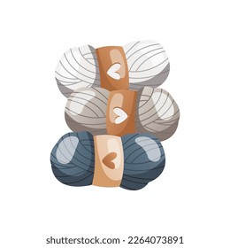 Stack of balls of wool for knitting. Skein of yarn. Tools and equipment for knitwork, handicraft. Handmade needlework, hobby at home. Knitting studio, workshop advertising design. Cartoon vector.