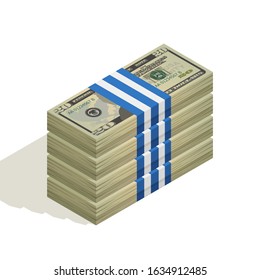 Stack of bank packages of twenty-dollar bills, bundle of US banknotes, pile of cash, paper money. The concept of financial success and wealth. Isometric vector illustration on white background