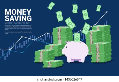 stack of banknote with money from sky to piggy bank. Concept of success investment and money saving.