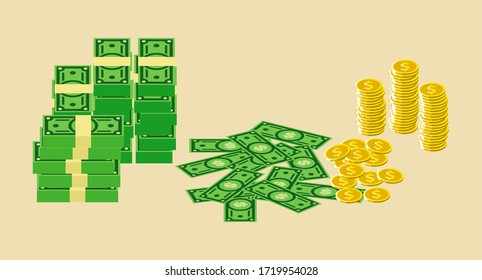 Pieza de billetes y monedas dinero, vectorial caricatura ilustración de icono del dinero, Pieza de billetes y monedas ilustración plana, Medio de cambio en el comercio