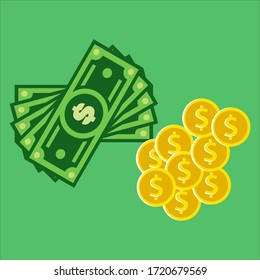 Stack of banknotes and coins money, vector flat cartoon icon illustration of money, Stack of banknotes and coins money flat illustration, A medium of exchange in trade