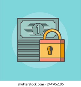 stack of banknotes with a padlock, vector illustration