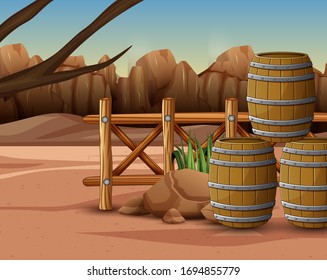 A stack of barrels in desert field illustration