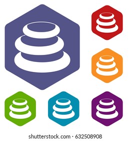 Stack of basalt balancing stones icons set hexagon isolated vector illustration