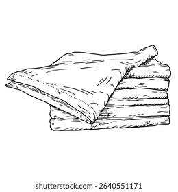 A stack of bath towels and a napkin for cleaning the house and office, a sketch in black and white ink. Vector illustration. Kitchen towels, insulated on a white background