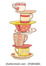 A stack beautiful cups   mugs and saucers in warm colors  Vector illustration