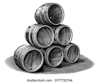 Stack of Beer barrel hand drawn vintage engraving style black and white clip art isolated on white background