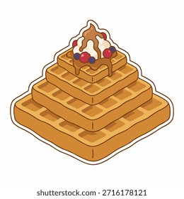 Stack of Belgian Waffles with Whipped Cream Berries and Topping, Flat Design Vector Illustration
