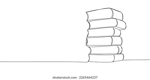 Stack of big books, 6 volumes one line art. Continuous line drawing of book, library, education, school, study, literature, paper, textbook, knowledge, read, learn, page, reading.