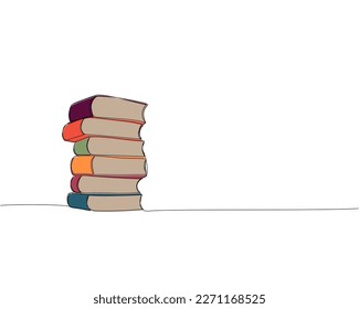 Stack of big books, 6 volumes one line colored art. Continuous line color drawing of book, library, education, school, study, literature, paper, textbook, knowledge, read, learn, page, reading.