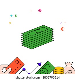 Stack of bills filled line vector icon, simple illustration, finance and money related bottom border.