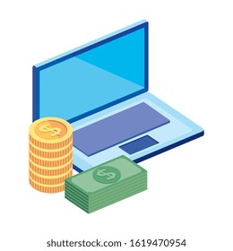 stack bills with laptop and pile coins vector illustration design
