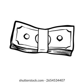Uma pilha de contas, desenho de dinheiro, desenho de esboço de desenho ilustração vetor, linha preta em um fundo branco, isolado