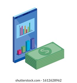 stack bills with smartphone isolated icon vector illustration design
