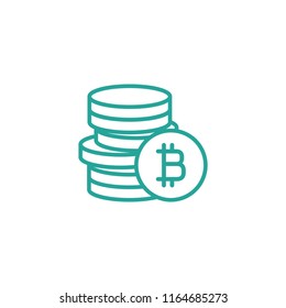 Stack of bitcoin coins with coin in front of it. Flat blue icon. Isolated on white. Online paying pictogram. Vector illustration. Crypto currency, virtual electronic, internet money.