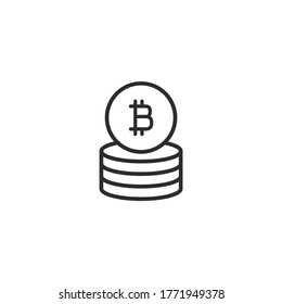 Stack of bitcoin coins with coin in front of it. Flat black line icon. Isolated on white. Online paying pictogram. Vector illustration. Crypto currency, virtual electronic, internet money.