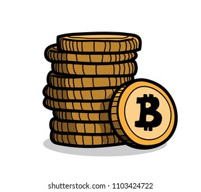 Stack of Bitcoin Coins, a hand drawn vector cartoon illustration of a stack of bitcoin.