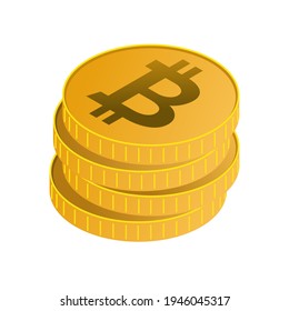 Una pila de monedas de bitcoin sobre fondo blanco. Criptodivisa