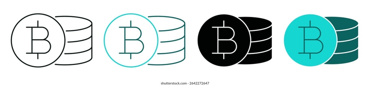 Stack of Bitcoin coins symbol. Money, cryptocurrency, business or investment concept. Flat sign of pile of bitcoins. Icon set. Color or black logo for web, ui, or mobile app. Editable vector stroke.