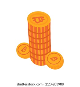 Pila de monedas de oro de bitcoin con dos monedas separadas aisladas en blanco. Ilustración con la mano plana del vector. Elemento de moneda criptográfica, electrónica virtual, dinero de internet.