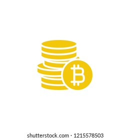 Stack of bitcoin gold coins with coin in front of it. Flat blue icon. Isolated on white. Online paying pictogram. Vector illustration. Crypto currency, virtual electronic, internet money.