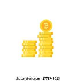 Stack of bitcoin gold coins with coin in front of it. Flat icon isolated on white. Online paying pictogram. Vector illustration. Crypto currency, virtual electronic, internet money.