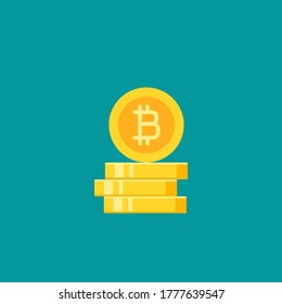 Stack of bitcoin gold coins with coin in front of it. Flat icon isolated on blue. Online paying pictogram. Vector illustration. Crypto currency, virtual electronic, internet money.