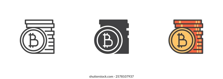 Stack of bitcoins different style icon set. Line, glyph and filled outline colorful version, outline and filled vector sign. Cryptocurrency symbol, logo illustration. Vector graphics